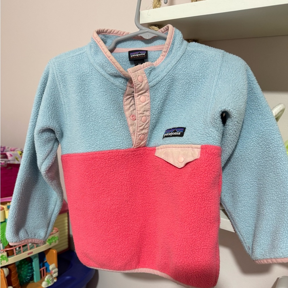 Patagonia Kids' Fleece Pullover - Light Blue and Coral